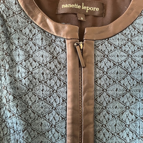 Nanette Lepore Secret Society Blue Jacquard Jacket Sz 0 NWT Leather Trim Flare - Picture 6 of 7